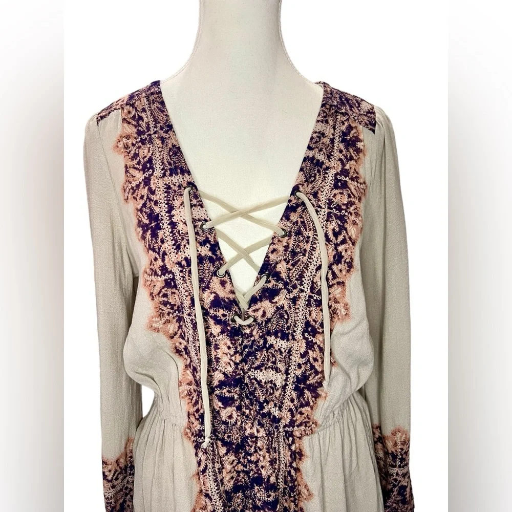 FREE PEOPLE boho style Tunic lace up blouse cream orange and purple | Size Small